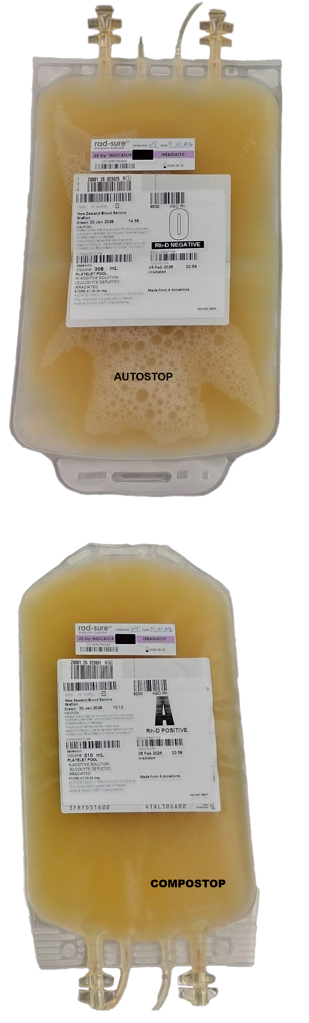 Two units platelets showing the different platelet bag styles Two units platelets showing the different platelet bag styles